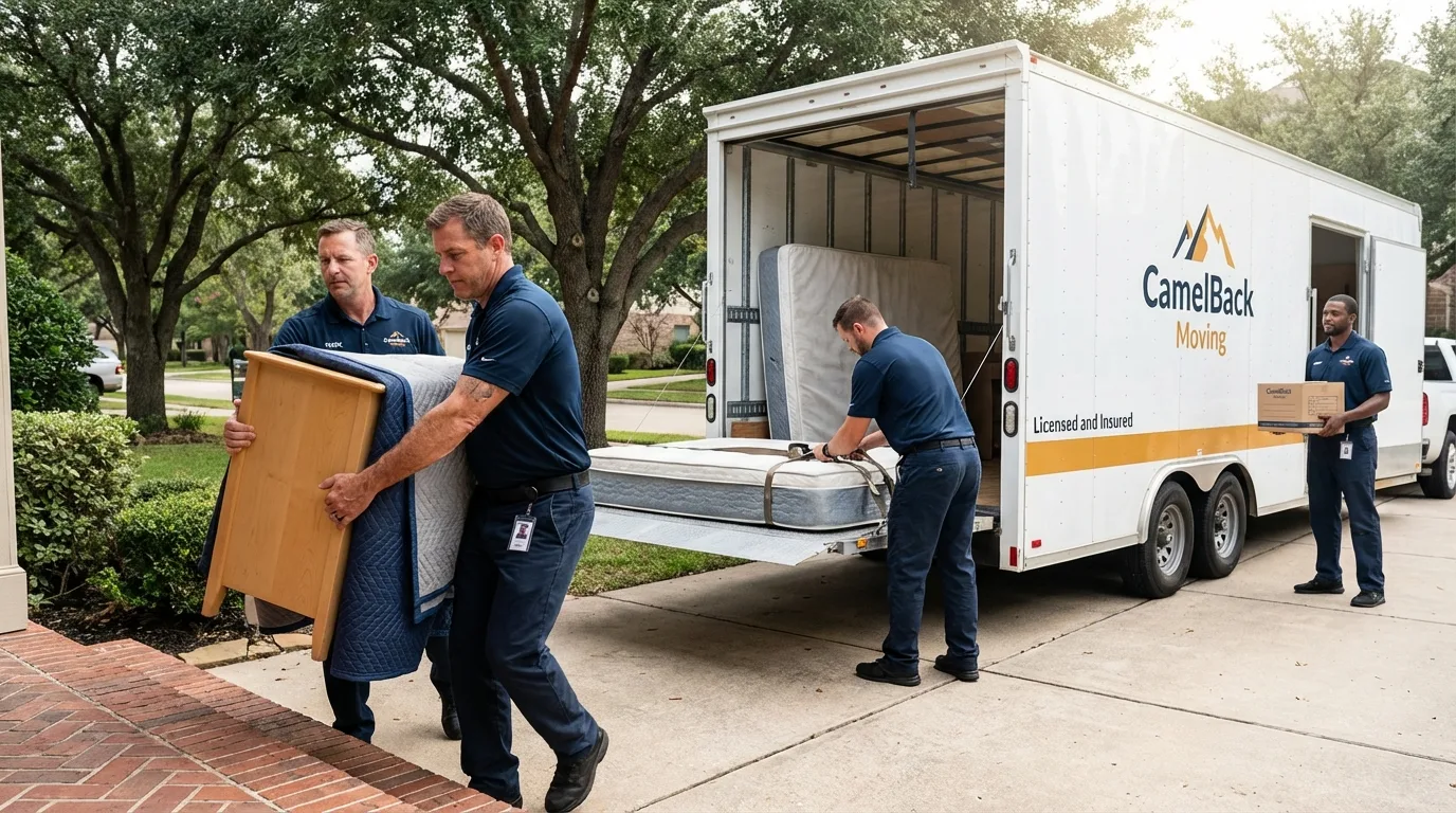 Crew loading residential truck for cross-state move from South Dos Palos, CA