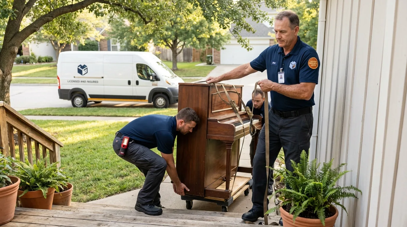 Licensed piano movers securing grand piano in South Dos Palos, CA