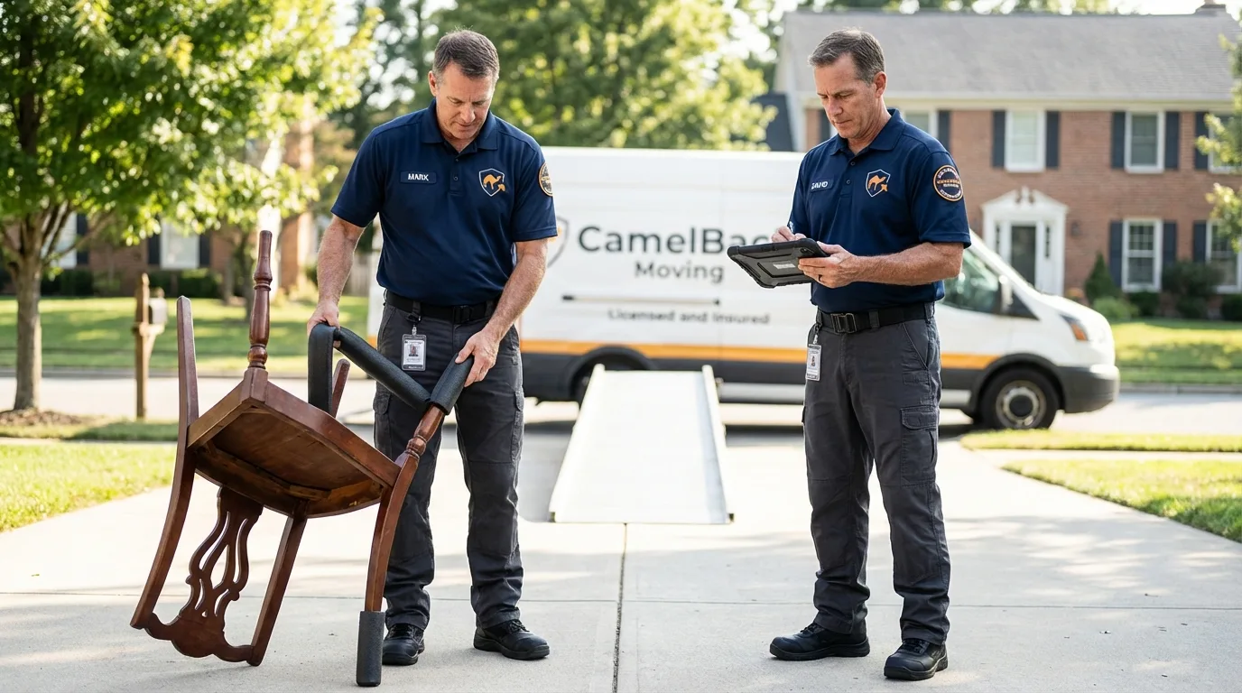 Movers inspecting furniture for damage prevention before loading in South Dos Palos, CA