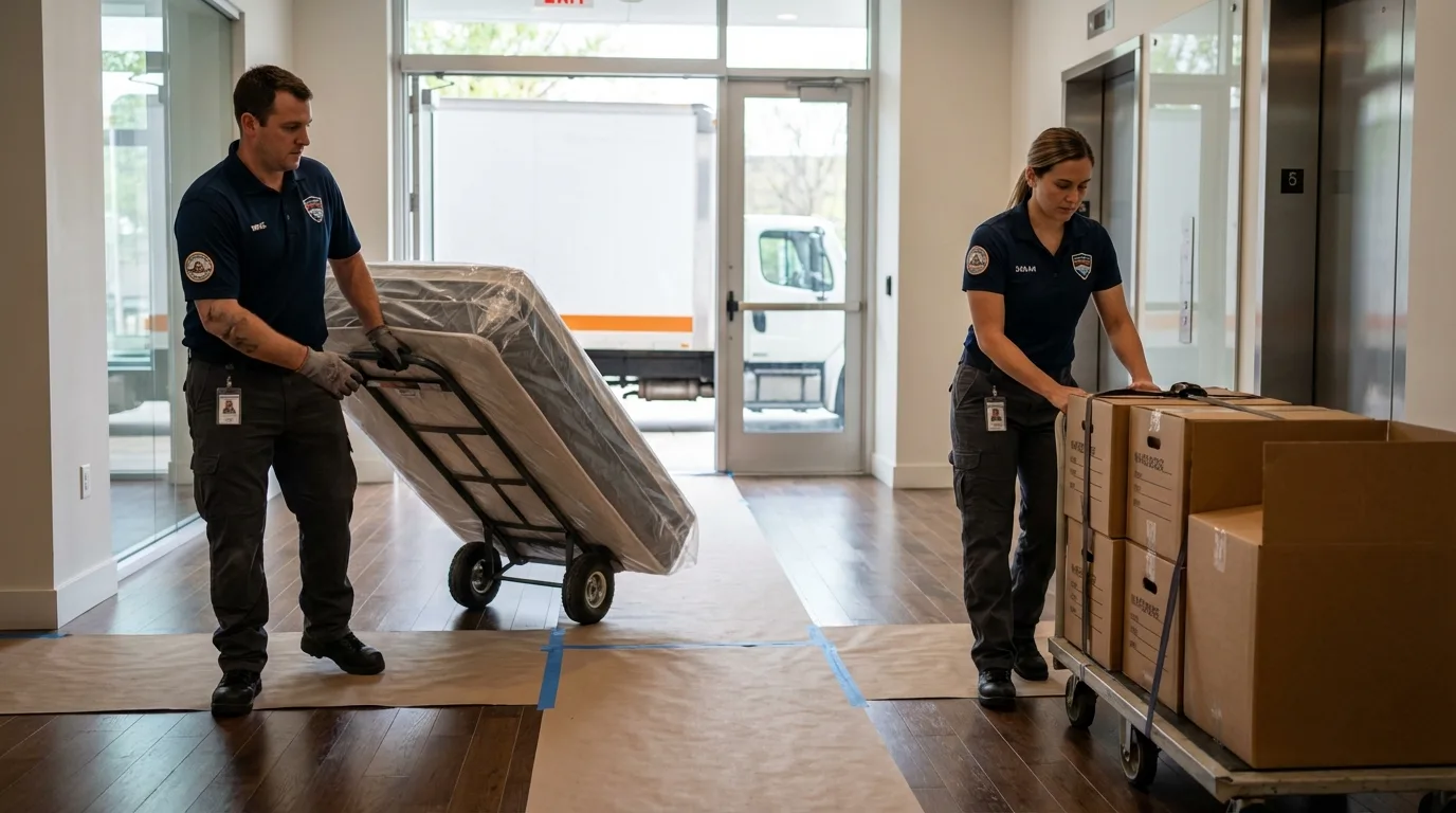 Professional apartment movers loading elevator in South Dos Palos, CA