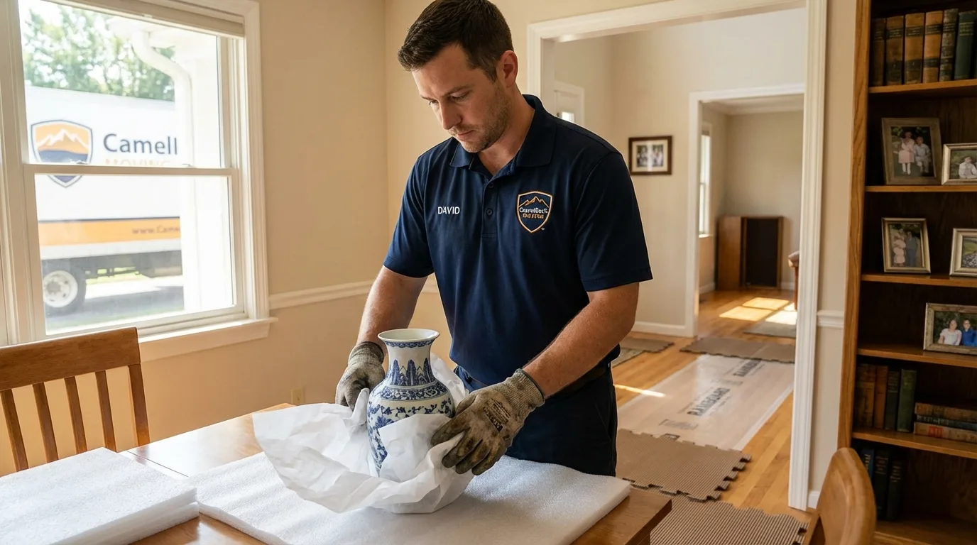 Professional crew carefully wrapping antique vase for senior downsizing move in South Dos Palos, CA